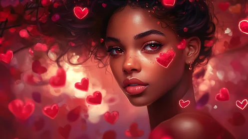 Neon Love Portrait with Glowing Hearts.