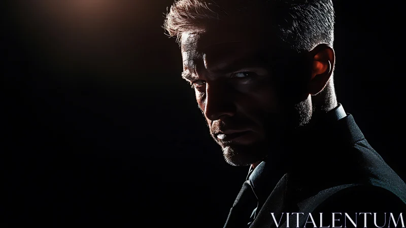 Moody low key portrait of stern man in dark suit.