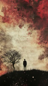 Solitary silhouette listens while the painted sky smolders above