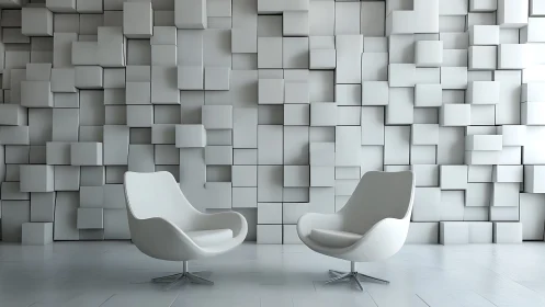 Modern interior with sculptural chairs and geometric wall installation.