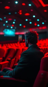 Man sits alone in neon red cinema hall under blue lights