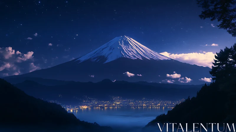 Nocturnal alpine panorama above luminous lakeside city.