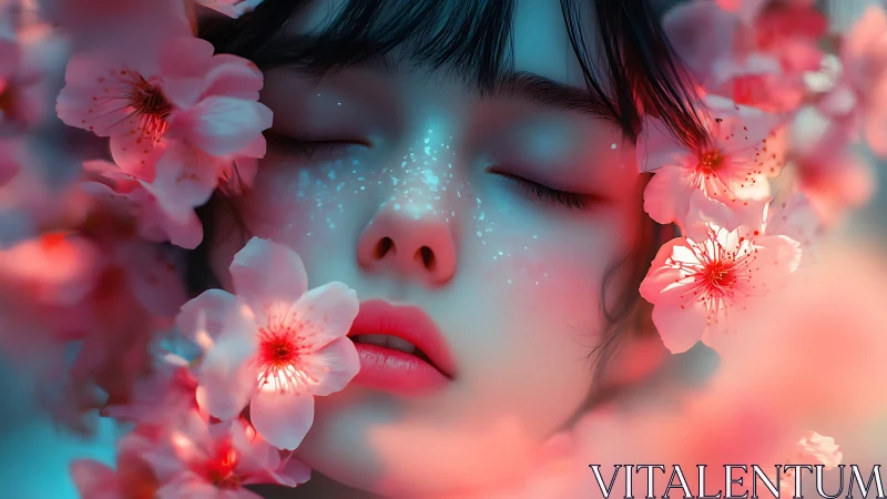 Girl’s closed eyes framed by glowing pink blossoms.