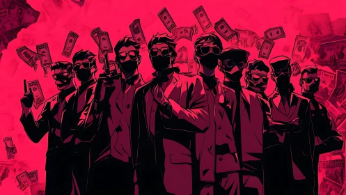 Masked figures stand in stylized formation under floating currency