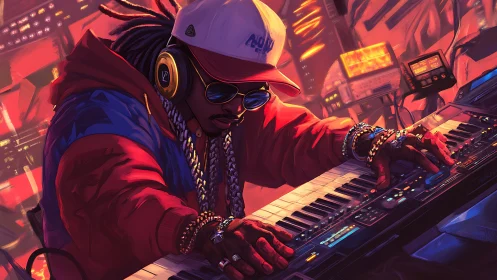 Hip hop producer locked in on synth in neon studio.