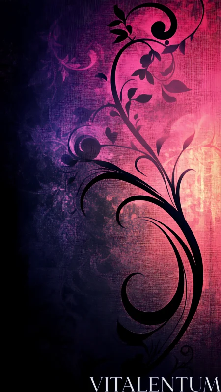 Floral silhouette curls over magenta violet textured gradient.