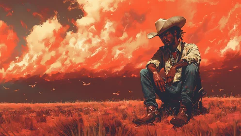 Cowboy resting in vivid orange prairie sunset scene.
