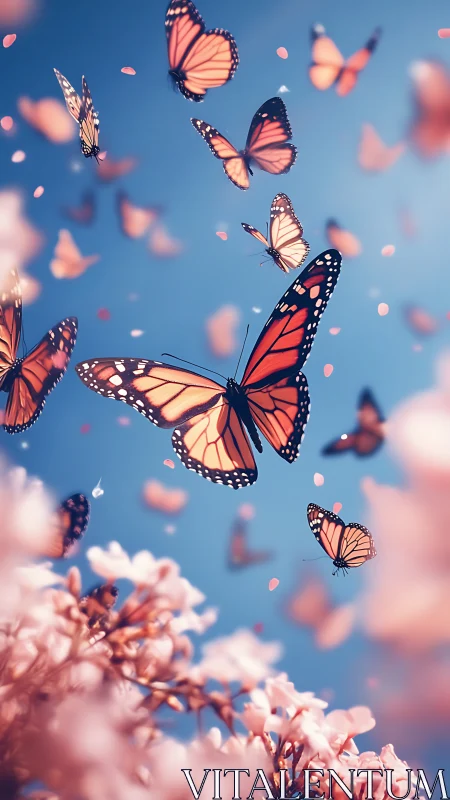 Monarch butterflies in flight over flowering branches in spring.