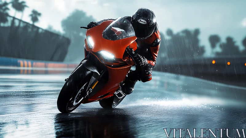 Red superbike leans into a wet racetrack corner in heavy rain.