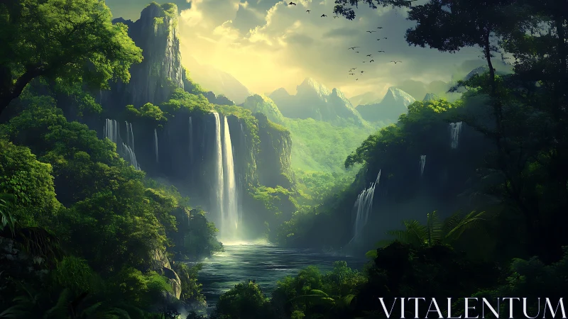 Lush jungle valley with misty waterfalls at sunrise.