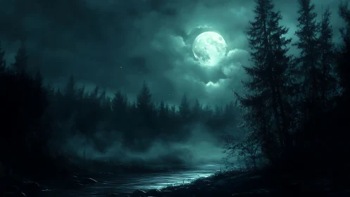 Moonlit river hush under spectral evergreen guardians.