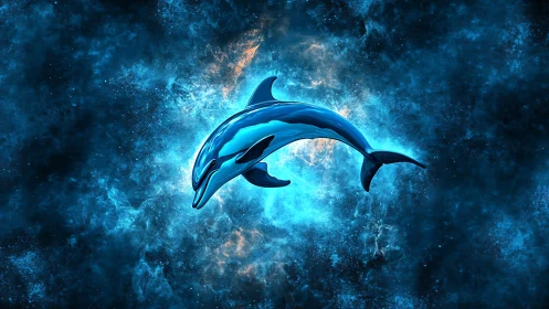 Starry blue dolphin drifting through a cosmic ocean.