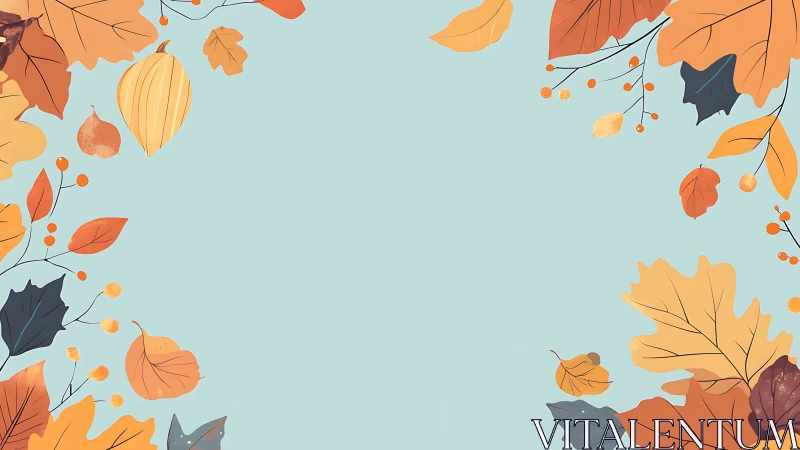 Cozy autumn leaves frame with soft sky blue background.