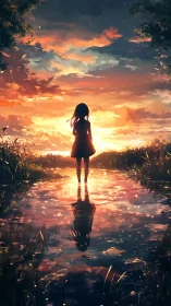 Silhouette of lone figure by reflective water at sunset.