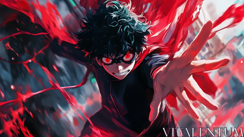 Ferocious anime hero unleashes red energy in full power.