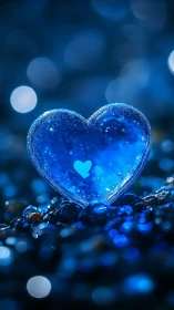 Glowing Crystal Heart with Inner Light in Blue Bokeh.