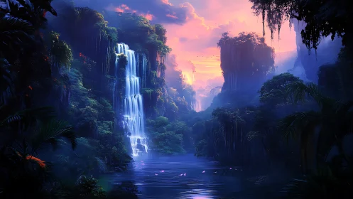 Moonlit waterfalls whisper under a neon twilight sky