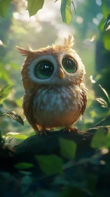 Stargazer owlling perched in a sun-dusted forest cradle.