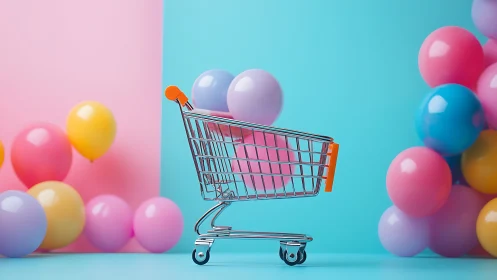 Chromed mini shopping cart with pastel balloons on split backdrop