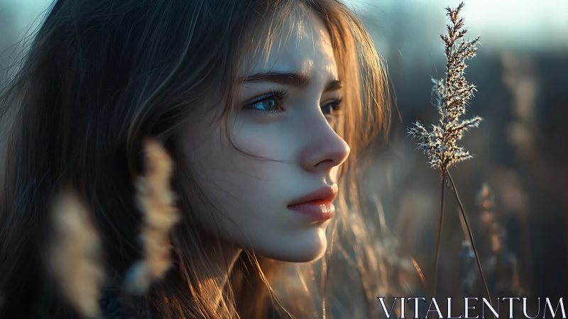 Soft winter light on a thoughtful face in quiet meadow dusk.