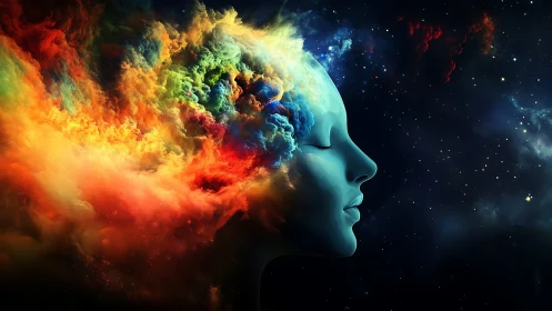 Cosmic dreamer’s profile dissolves into radiant nebula clouds