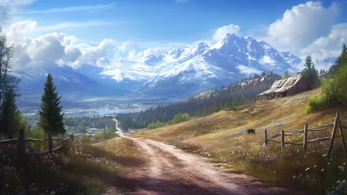 Mountain valley dirt road leads toward serene snowy peaks