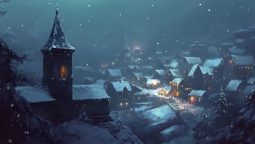Snowy medieval village glowing under winter night sky.