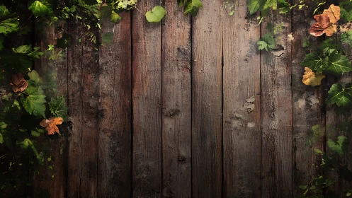 Weathered wooden planks framed by creeping green foliage