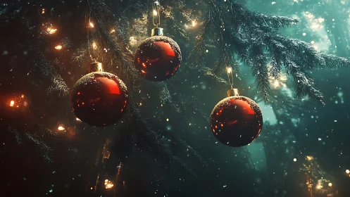 Macro closeup of red glass baubles on snowy lit fir branches