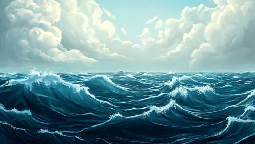 Rolling ocean waves dance under bright and hopeful skies