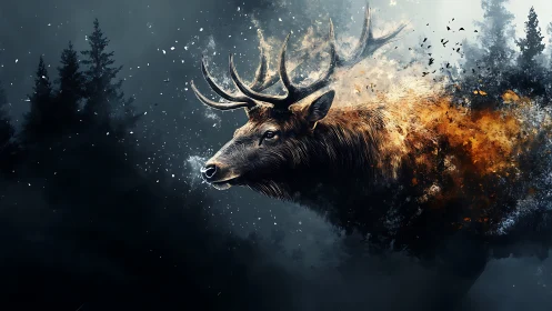 Digital painting of spectral stag dissolving into burning forest.