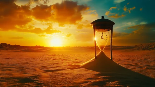 Sunlit hourglass in desert dunes at cinematic golden sunset.
