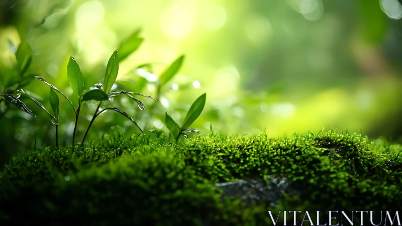 Lush Green Moss and Young Plants in Sunlit Forest Macro Photo.