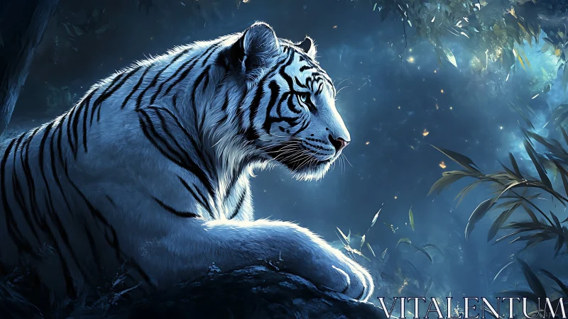 White tiger in side profile under blue nocturnal forest light.