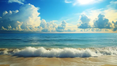 Coastal wavefront under cumulus-rich maritime skyscape.