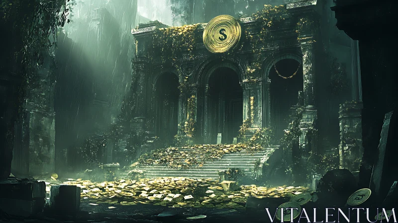 Ancient temple of wealth crumbles under cascading light.