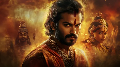 Warrior prince stares forward amid fiery mythic visions