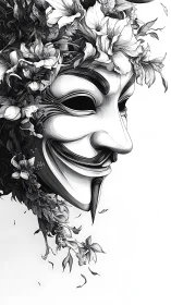 Floral whispers curl around a masked grin in monochrome bloom