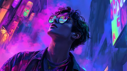 Neon lit portrait of youth in reflective city glasses.
