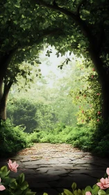 Garden pathway framed by lush foliage and flowering vines.