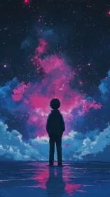 Solitary figure gazes into a glowing magenta cosmic sky