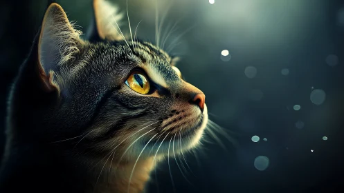 Striped Cat Portrait with Luminous Golden Eyes and Bokeh