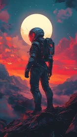 Solitary astronaut observes large moon over rocky valley