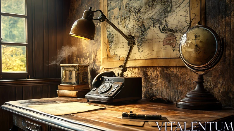 Vintage study desk glows with warm nostalgic lamplight.