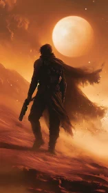 Lone gunslinger strides across ember dunes beneath twin sun.