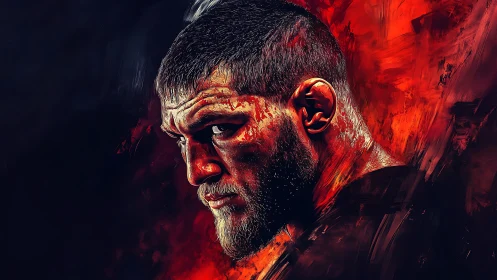 Profile portrait of male fighter amid red abstract field.