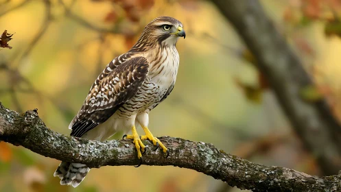 Sharp-eyed hawk perched on tree branch in vivid autumn forest scene.