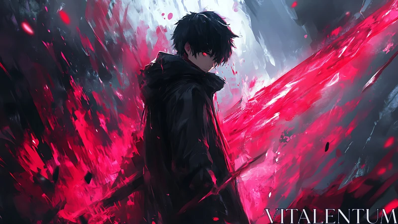 Dark-clad anime swordsman framed by dynamic red energy arcs