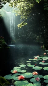 Whispering waterfall over lily kingdoms in hidden glade.