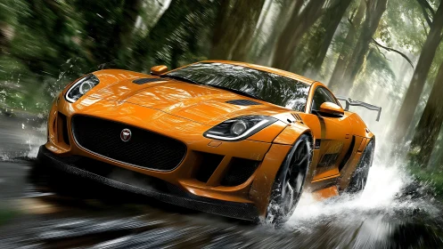 Hydrodynamic sprint of orange Jaguar sports coupe in forested floodplain.